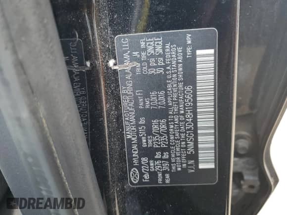 2008 Hyundai Santa Fe GLS с VIN 5NMSG13D48H195606, выставлен на аукционе Copart как лот 70875435 с пробегом 117 548 миль миль и Списание • Salvage title. История ставок и продаж доступна на DreamBid. Изображение 12.