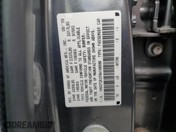 2009 Honda Accord LX с VIN 1HGCP26379A198588, выставлен на аукционе Copart как лот 86233255 с пробегом 163 464 миль миль и Списание • Salvage title. История ставок и продаж доступна на DreamBid. Изображение 12.