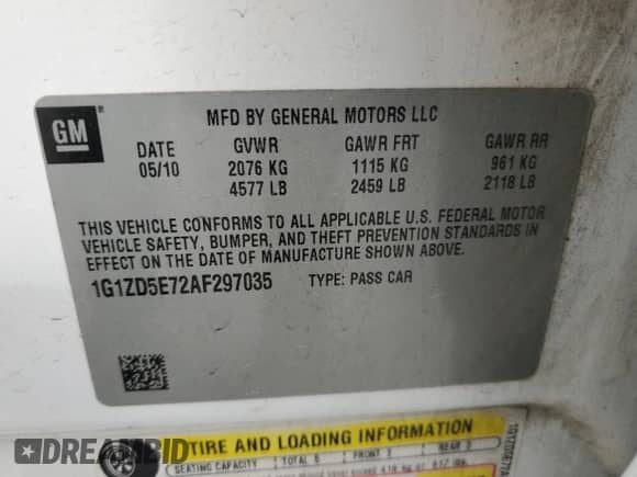 2010 Chevrolet Malibu 2LT with VIN 1G1ZD5E72AF297035, listed as a Copart auction lot 54222275 with Not provided miles and Salvage title. Bid and sale history available at DreamBid. Image 12.