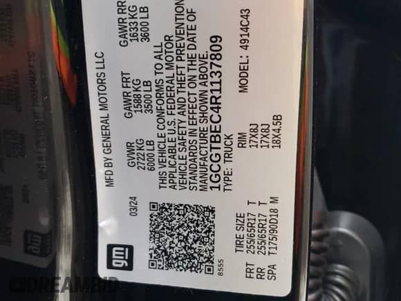 2024 Chevrolet Colorado 4WD Work Truck with VIN 1GCGTBEC4R1137809, listed as a Copart auction lot 45295425 with 12,993 mi miles and Salvage title. Bid and sale history available at DreamBid. Image 14.