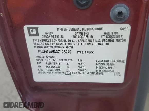 2003 Chevrolet Silverado 1500 LS with VIN 1GCEK14V33Z126249, listed as a Copart auction lot 84754524 with 105,267 mi miles and Salvage title. Bid and sale history available at DreamBid. Image 14.