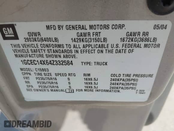 2004 Chevrolet Silverado 1500 Work Truck z VIN 1GCEC14X64Z332584, wystawiony jako IAAI lot #41802624 z przebiegiem 165 172 mil mil oraz . Historia ofert i sprzedaży dostępna na DreamBid. Obrazek 9.