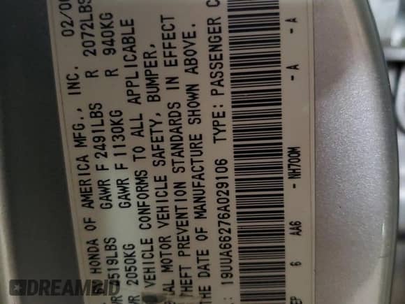 2006 Acura TL with VIN 19UUA66276A029106, listed as a Copart auction lot 67721035 with 186,618 mi miles and Salvage title. Bid and sale history available at DreamBid. Image 13.