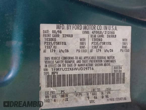1998 Ford Explorer Sport z VIN 1FMYU22X6WUD29716, wystawiony jako IAAI lot #42211199 z przebiegiem 252 253 mil mil oraz . Historia ofert i sprzedaży dostępna na DreamBid. Obrazek 9.