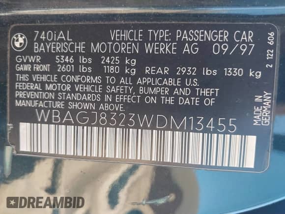 1998 BMW 7 Series 740iL with VIN WBAGJ8323WDM13455, listed as a IAAI auction lot 41888636 with Not provided miles and . Bid and sale history available at DreamBid. Image 9.