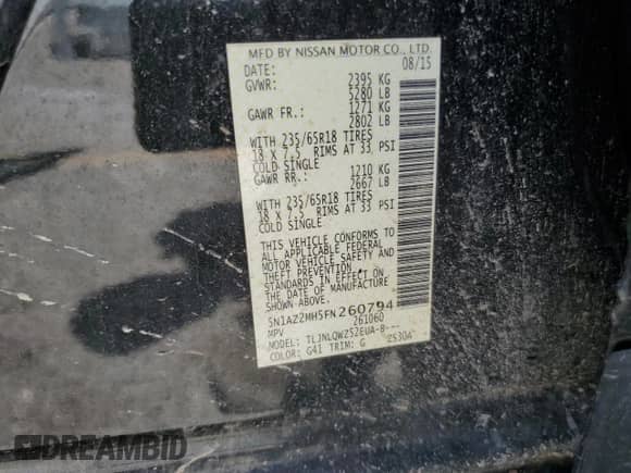 2015 Nissan Murano Platinum with VIN 5N1AZ2MH5FN260794, listed as a Copart auction lot 66384485 with 106,131 mi miles and Salvage title. Bid and sale history available at DreamBid. Image 13.