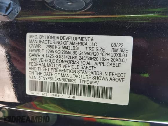 2022 Honda Pilot Sport с VIN 5FNYF6H3XNB078829, выставлен на аукционе IAAI как лот 43325988 с пробегом 71 161 миль миль и . История ставок и продаж доступна на DreamBid. Изображение 9.