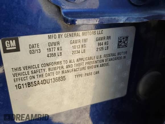 2013 Chevrolet Malibu LS с VIN 1G11B5SA4DU136835, выставлен на аукционе Copart как лот 87003465 с пробегом 108 875 миль миль и Списание • Salvage title. История ставок и продаж доступна на DreamBid. Изображение 12.