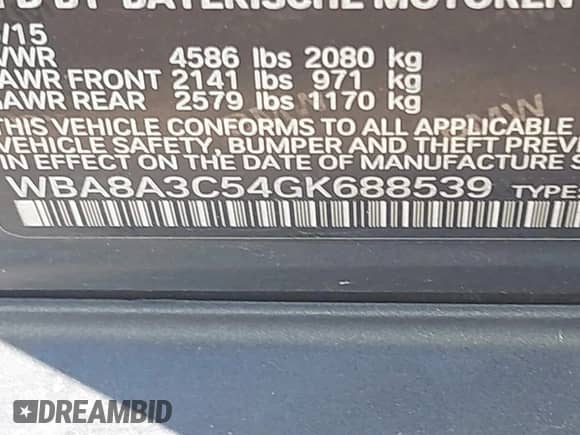 2016 BMW 3 Series 320i xDrive with VIN WBA8A3C54GK688539, listed as a IAAI auction lot 41367993 with 56,419 mi miles and . Bid and sale history available at DreamBid. Image 9.