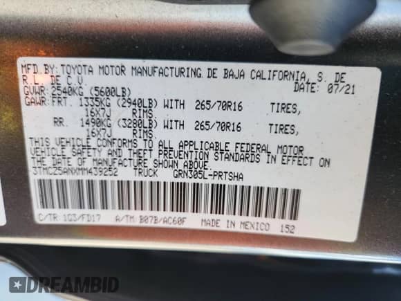 2021 Toyota Tacoma SR with VIN 3TMCZ5ANXMM439252, listed as a Copart auction lot 70420565 with 60,463 mi miles and Salvage title. Bid and sale history available at DreamBid. Image 12.