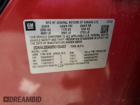 2013 Chevrolet Equinox LT z VIN 2GNALDEK8D6109422, wystawiony jako Copart lot #81867035 z przebiegiem 200 101 mil mil oraz Czysty tytuł • Clean title. Historia ofert i sprzedaży dostępna na DreamBid. Obrazek 13.