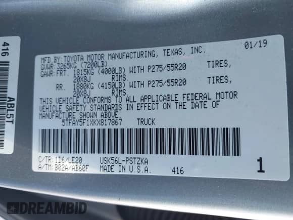 2019 Toyota Tundra SR5 with VIN 5TFAY5F1XKX817867, listed as a IAAI auction lot 41839736 with 61,102 mi miles and . Bid and sale history available at DreamBid. Image 9.