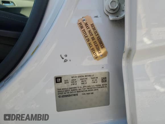 2014 Chevrolet Sonic LT with VIN 1G1JC5SH2E4174916, listed as a Copart auction lot 69815225 with 132,567 mi miles and Salvage title. Bid and sale history available at DreamBid. Image 12.