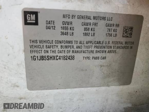 2012 Chevrolet Sonic LS с VIN 1G1JB5SHXC4182438, выставлен на аукционе Copart как лот 61587725 с пробегом 260 014 миль миль и На запчасти • Non repairable. История ставок и продаж доступна на DreamBid. Изображение 13.