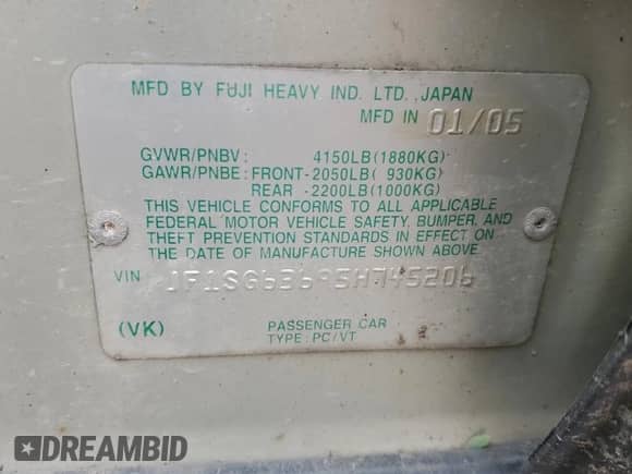 2005 Subaru Forester X with VIN JF1SG63695H745206, listed as a Copart auction lot 67373055 with 191,695 mi miles and Salvage title. Bid and sale history available at DreamBid. Image 14.