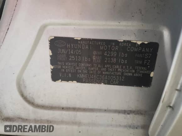 2006 Hyundai Sonata GLS with VIN KMHEU46C36A105312, listed as a Copart auction lot 71176375 with 108,814 mi miles and Salvage title. Bid and sale history available at DreamBid. Image 13.