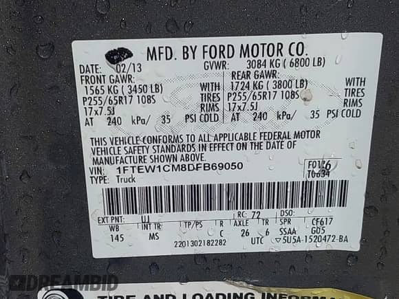 2013 Ford F-150 XLT with VIN 1FTEW1CM8DFB69050, listed as a IAAI auction lot 43053717 with 117,676 mi miles and . Bid and sale history available at DreamBid. Image 9.