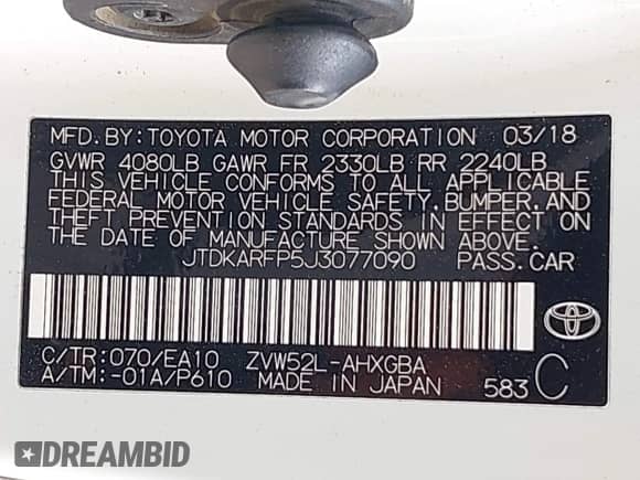 2018 Toyota Prius Plus z VIN JTDKARFP5J3077090, wystawiony jako IAAI lot #42888175 z przebiegiem 192 157 mil mil oraz . Historia ofert i sprzedaży dostępna na DreamBid. Obrazek 9.