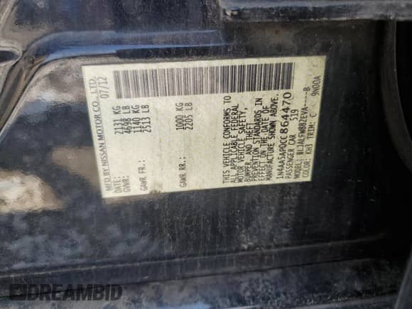 2012 Nissan Maxima S с VIN 1N4AA5AP0CC864470, выставлен на аукционе Copart как лот 66871735 с пробегом 156 714 миль миль и Чистый • Clean title. История ставок и продаж доступна на DreamBid. Изображение 12.