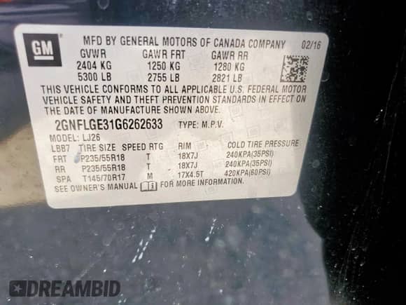 2016 Chevrolet Equinox LTZ z VIN 2GNFLGE31G6262633, wystawiony jako Copart lot #69607945 z przebiegiem 156 908 mil mil oraz Szkoda całkowita • Salvage title. Historia ofert i sprzedaży dostępna na DreamBid. Obrazek 13.