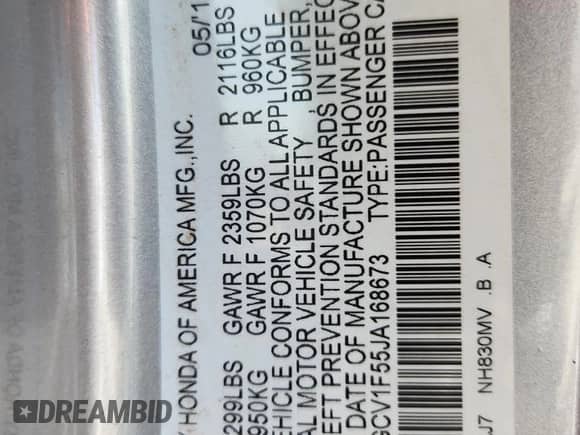 2018 Honda Accord EX-L с VIN 1HGCV1F55JA168673, выставлен на аукционе Copart как лот 80091795 с пробегом 102 482 миль миль и Списание • Salvage title. История ставок и продаж доступна на DreamBid. Изображение 12.