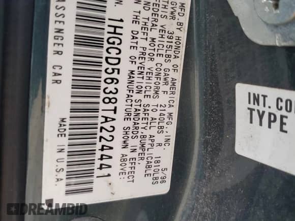 1996 Honda Accord LX z VIN 1HGCD5638TA224441, wystawiony jako Copart lot #57656165 z przebiegiem 163 637 mil mil oraz Szkoda całkowita • Salvage title. Historia ofert i sprzedaży dostępna na DreamBid. Obrazek 12.