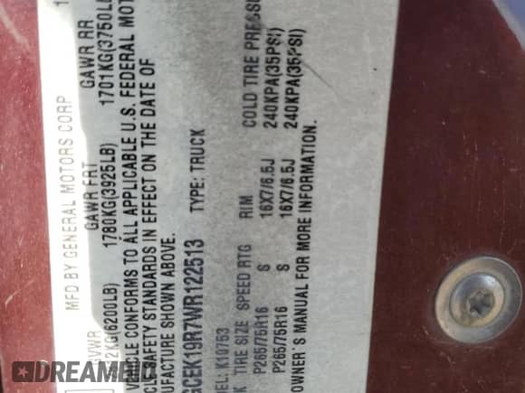 1998 Chevrolet Silverado 1500 with VIN 1GCEK19R7WR122513, listed as a Copart auction lot 90318175 with 206,877 mi miles and Clean title. Bid and sale history available at DreamBid. Image 12.