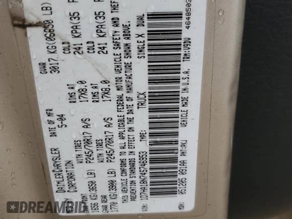 2004 Dodge 1500 SLT z VIN 1D7HA18N74S746953, wystawiony jako Copart lot #50798375 z przebiegiem Nie podano mil oraz Czysty tytuł • Clean title. Historia ofert i sprzedaży dostępna na DreamBid. Obrazek 12.