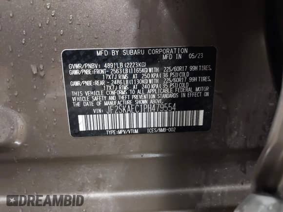 2023 Subaru Forester Premium z VIN JF2SKAEC1PH479554, wystawiony jako IAAI lot #43270443 z przebiegiem 49 644 mil mil oraz . Historia ofert i sprzedaży dostępna na DreamBid. Obrazek 9.