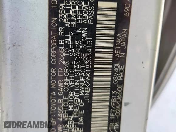 2008 Toyota Camry LE with VIN JTNBK46K183034151, listed as a Copart auction lot 80662505 with 168,738 mi miles and Clean title. Bid and sale history available at DreamBid. Image 12.