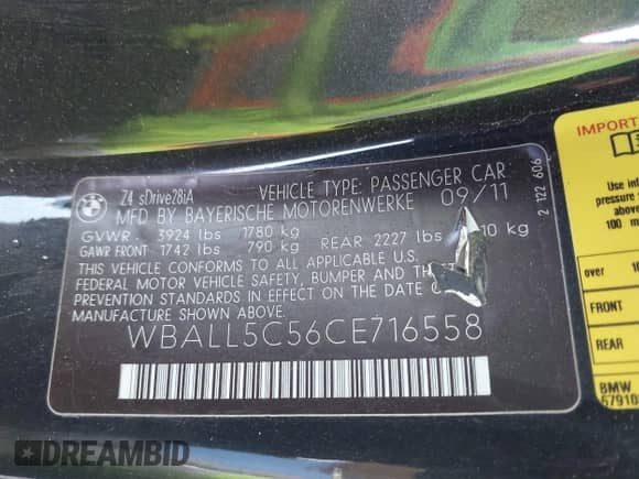 2012 BMW Z4 sDrive28i с VIN WBALL5C56CE716558, выставлен на аукционе IAAI как лот 42065347 с пробегом 93 438 миль миль и . История ставок и продаж доступна на DreamBid. Изображение 8.