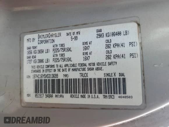 1999 Dodge 1500 с VIN 1B7HC16Y5XS313699, выставлен на аукционе Copart как лот 81491654 с пробегом 177 348 миль миль и Списание • Salvage title. История ставок и продаж доступна на DreamBid. Изображение 14.
