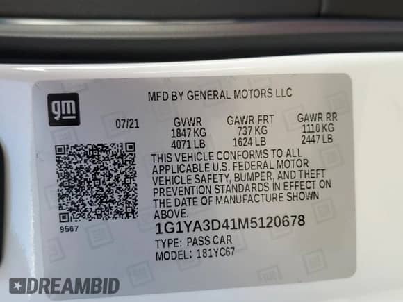 2021 Chevrolet Corvette 1LT with VIN 1G1YA3D41M5120678, listed as a Copart auction lot 81943624 with Not provided miles and Salvage title. Bid and sale history available at DreamBid. Image 15.