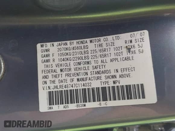 2007 Honda CR-V EX-L with VIN JHLRE48747C114032, listed as a IAAI auction lot 43466048 with Not provided miles and . Bid and sale history available at DreamBid. Image 9.