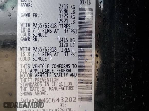 2016 Nissan Pathfinder Platinum with VIN 5N1AR2MM4GC643202, listed as a Copart auction lot 81482585 with 129,559 mi miles and Salvage title. Bid and sale history available at DreamBid. Image 13.