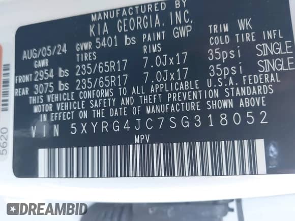 2025 Kia Sorento LX with VIN 5XYRG4JC7SG318052, listed as a IAAI auction lot 42557809 with 3,591 mi miles and . Bid and sale history available at DreamBid. Image 9.