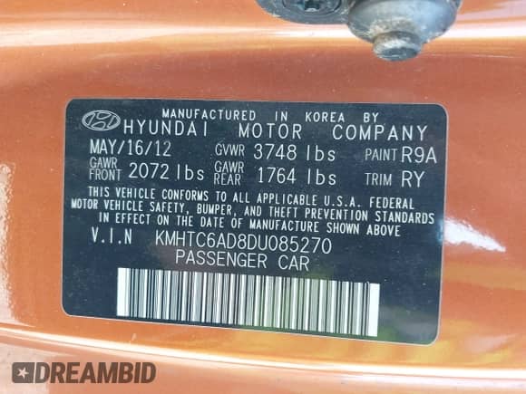 2013 Hyundai Veloster w/Black Int z VIN KMHTC6AD8DU085270, wystawiony jako IAAI lot #43240226 z przebiegiem 119 444 mil mil oraz . Historia ofert i sprzedaży dostępna na DreamBid. Obrazek 9.