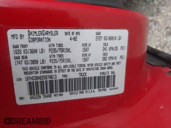 2002 Dodge Dakota Sport with VIN 1B7HG38N62S670613, listed as a IAAI auction lot 42133366 with 156,977 mi miles and . Bid and sale history available at DreamBid. Image 9.
