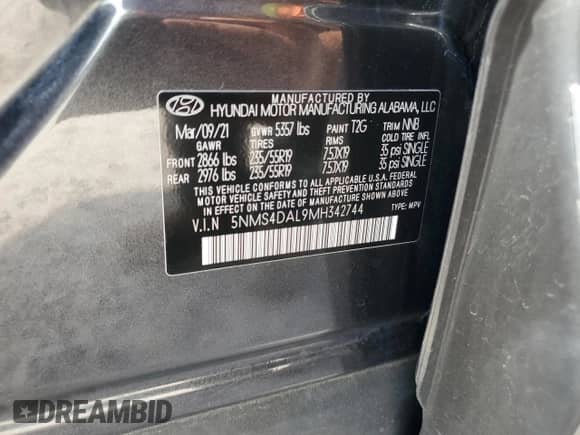 2021 Hyundai Santa Fe Limited with VIN 5NMS4DAL9MH342744, listed as a Copart auction lot 69919395 with 58,256 mi miles and Salvage title. Bid and sale history available at DreamBid. Image 13.