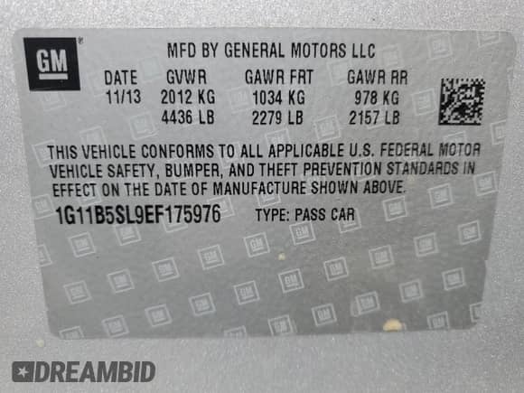 2014 Chevrolet Malibu LS with VIN 1G11B5SL9EF175976, listed as a Copart auction lot 66108595 with 79,209 mi miles and Salvage title. Bid and sale history available at DreamBid. Image 12.