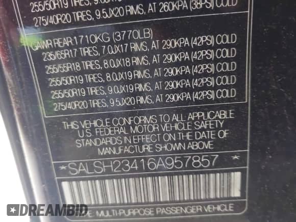 2006 Land Rover Range Rover Sport SC with VIN SALSH23416A957857, listed as a IAAI auction lot 42539049 with 150,842 mi miles and . Bid and sale history available at DreamBid. Image 9.