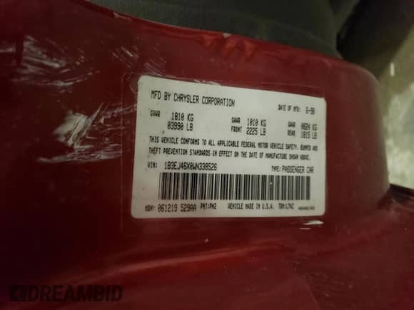 1998 Dodge Stratus z VIN 1B3EJ46X0WN338526, wystawiony jako Copart lot #54424975 z przebiegiem 94 300 mil mil oraz Szkoda całkowita • Salvage title. Historia ofert i sprzedaży dostępna na DreamBid. Obrazek 12.