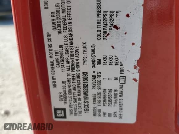 2002 Chevrolet S-10 LS z VIN 1GCCS19W928215093, wystawiony jako Copart lot #72353644 z przebiegiem 157 012 mil mil oraz Szkoda całkowita • Salvage title. Historia ofert i sprzedaży dostępna na DreamBid. Obrazek 12.