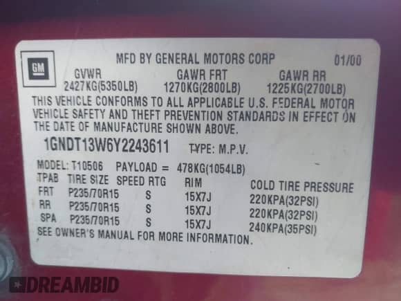 2000 Chevrolet Blazer LT с VIN 1GNDT13W6Y2243611, выставлен на аукционе IAAI как лот 43242790 с пробегом 251 823 миль миль и . История ставок и продаж доступна на DreamBid. Изображение 9.