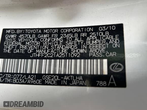 2010 Lexus IS 250 C z VIN JTHFF2C21A2511092, wystawiony jako Copart lot #65603035 z przebiegiem 192 550 mil mil oraz Czysty tytuł • Clean title. Historia ofert i sprzedaży dostępna na DreamBid. Obrazek 10.