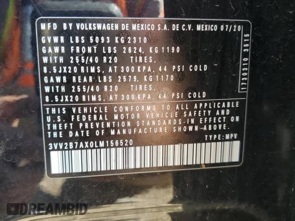 2020 Volkswagen Tiguan SE с VIN 3VV2B7AX0LM156520, выставлен на аукционе Copart как лот 80362255 с пробегом 48 427 миль миль и Списание • Salvage title. История ставок и продаж доступна на DreamBid. Изображение 12.