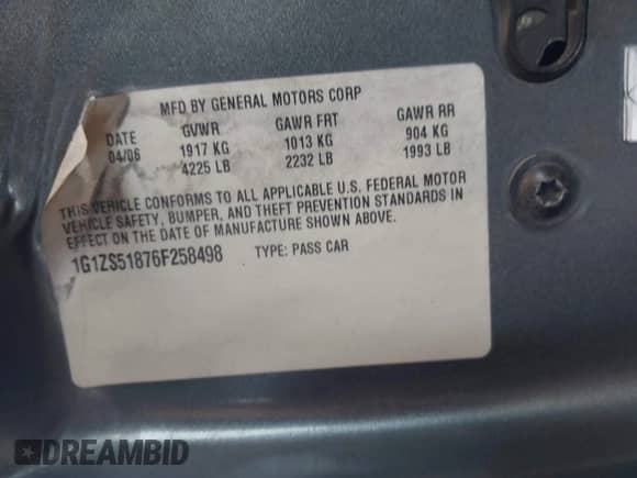 2006 Chevrolet Malibu 1FL z VIN 1G1ZS51876F258498, wystawiony jako IAAI lot #42879072 z przebiegiem Nie podano mil oraz . Historia ofert i sprzedaży dostępna na DreamBid. Obrazek 9.