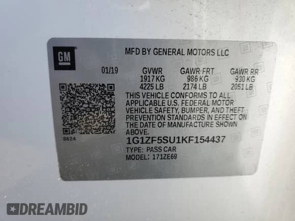 2019 Chevrolet Malibu Hybrid с VIN 1G1ZF5SU1KF154437, выставлен на аукционе Copart как лот 55041784 с пробегом 48 829 миль миль и На запчасти • Non repairable. История ставок и продаж доступна на DreamBid. Изображение 12.