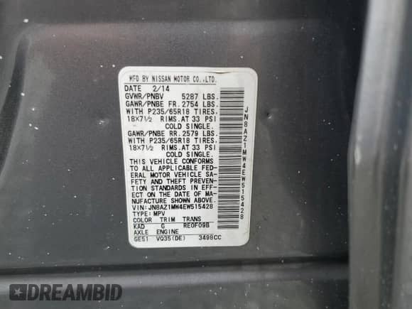 2014 Nissan Murano S with VIN JN8AZ1MW4EW515428, listed as a Copart auction lot 64369495 with 147,477 mi miles and Clean title. Bid and sale history available at DreamBid. Image 12.