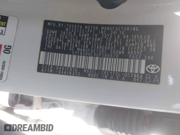 2016 Toyota Corolla L with VIN 5YFBURHEXGP566670, listed as a IAAI auction lot 43290844 with 230,541 mi miles and . Bid and sale history available at DreamBid. Image 9.